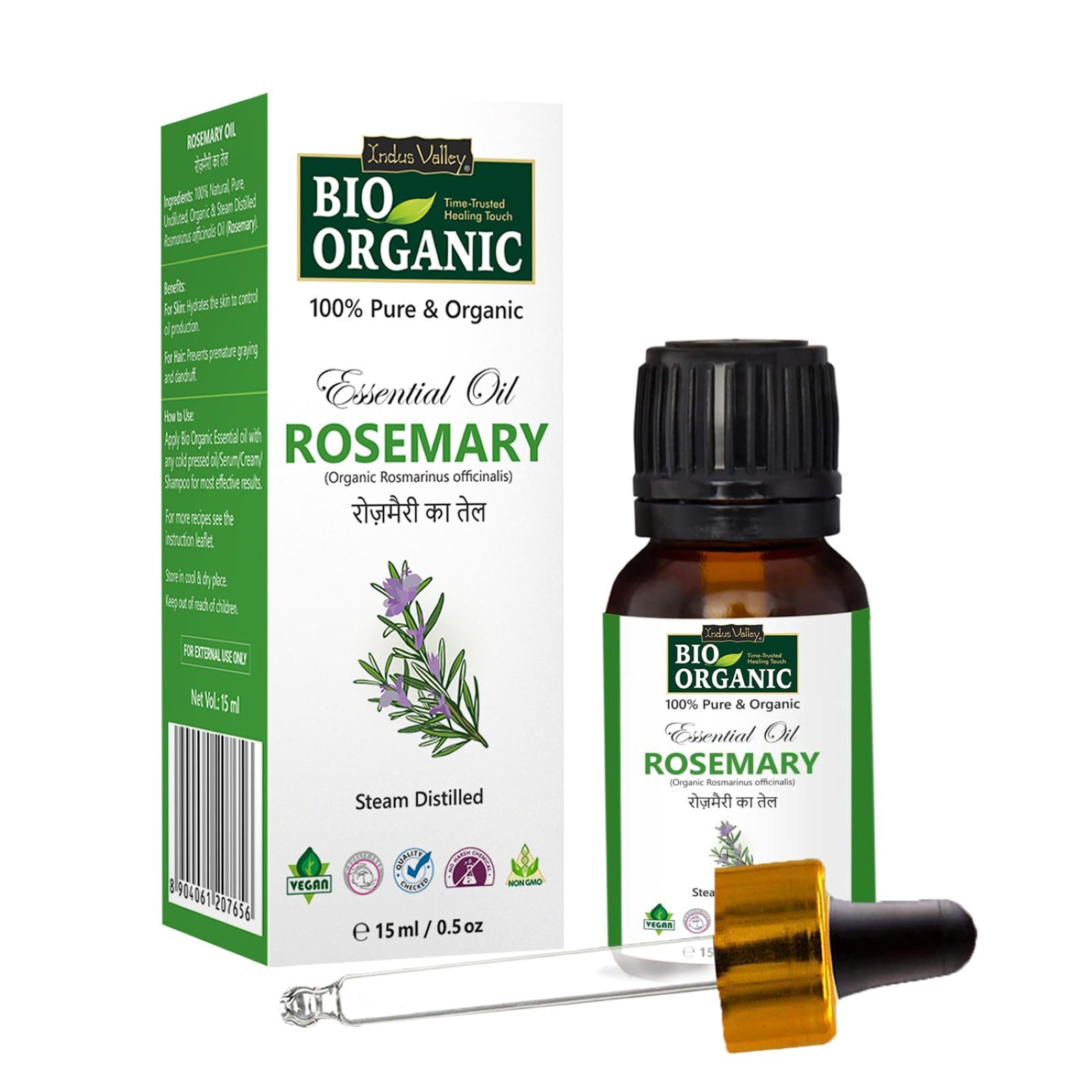Indus Valley 100% Pure Natural & Organic, Undiluted Rosemary Essential Oil with Glass Dropper for Skin, Hair Care -15ml