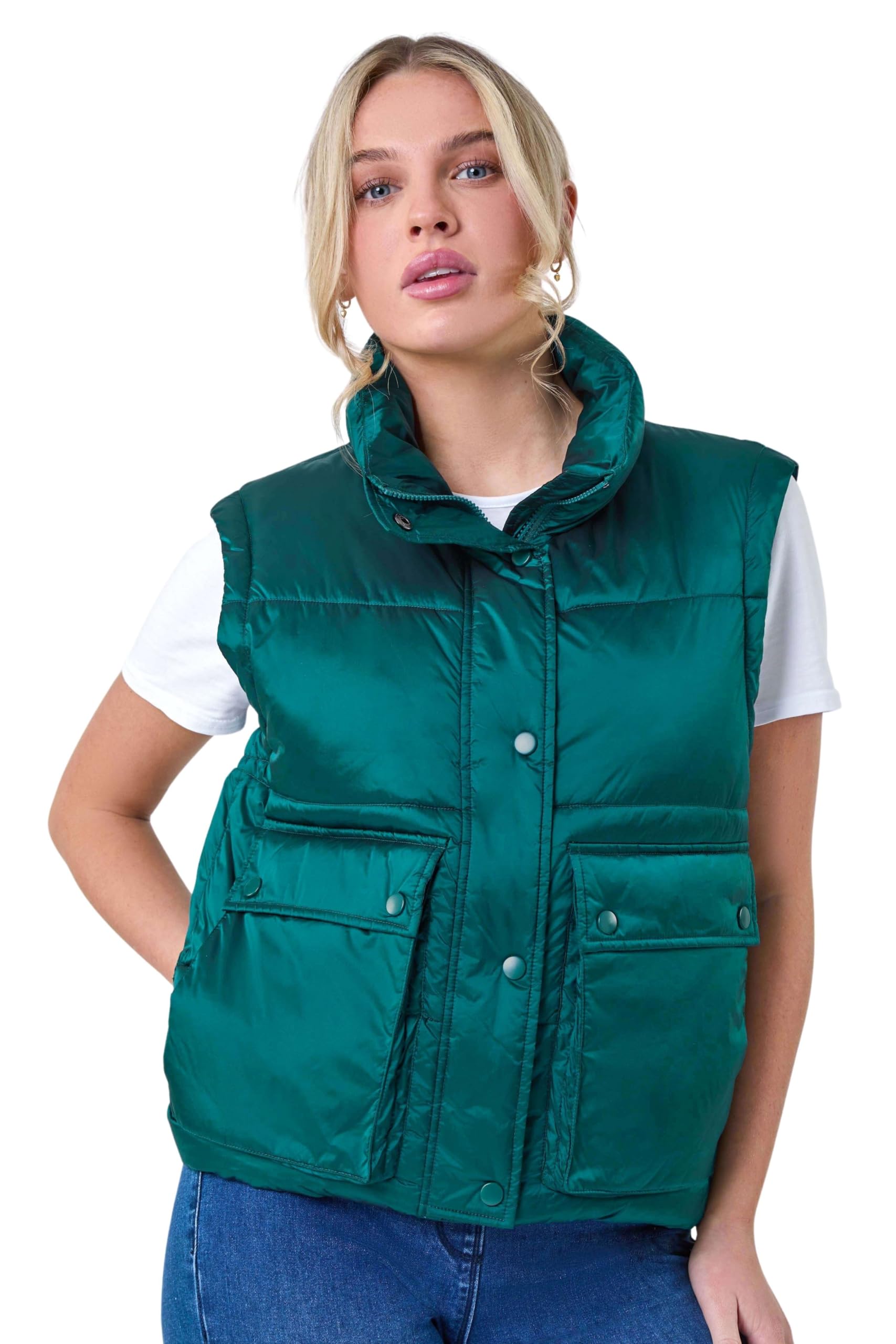 Roman Pocket Detail Quilted Gilet for Women UK - Ladies Autumn Everyday Winter Holiday Funnel Neckline Comfy Sleeveless Soft Front Pockets Desk to Dinner Puffer Vests - Teal - Size 18
