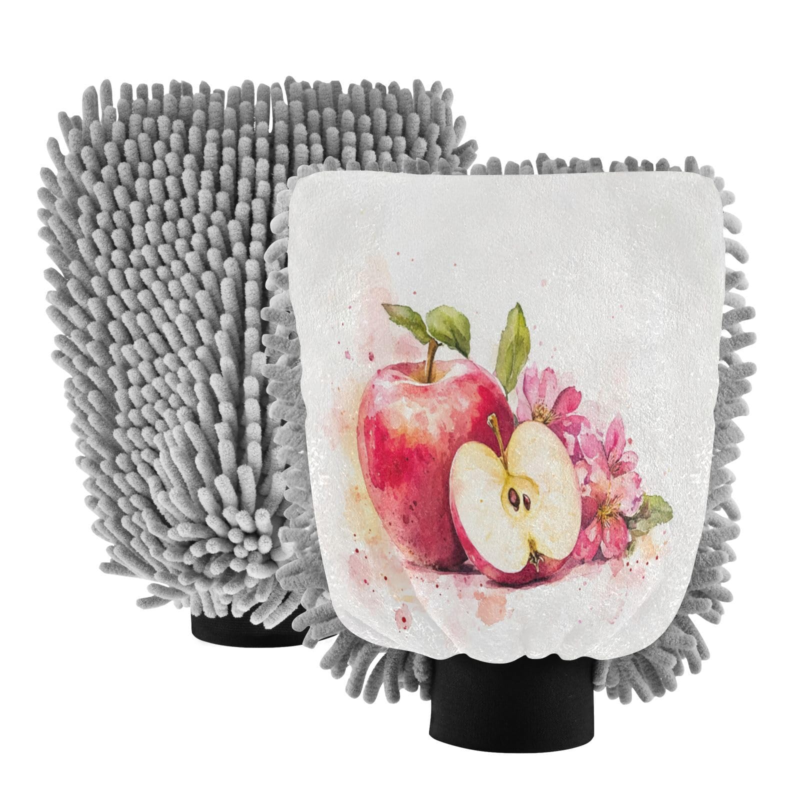 STAYTOP Watercolor Apples Pattern Car Wash Mitt Microfiber, 2Pcs Scratch Free Lint-Free, Premium Chenille Microfiber Mitt Car Wash Brush-M