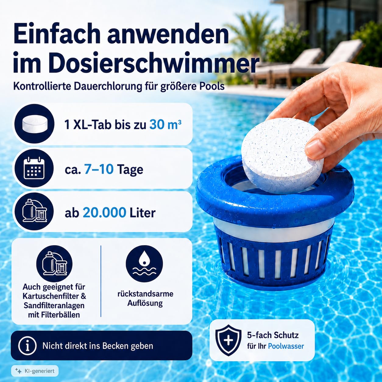 Multitabs für Pool 5 in 1 – 5kg (25 Tabs) – Chlortabletten für Pool 200g – Profi-Qualität Borsäurefrei – Made in Europe - Für kristallklares Poolwasser