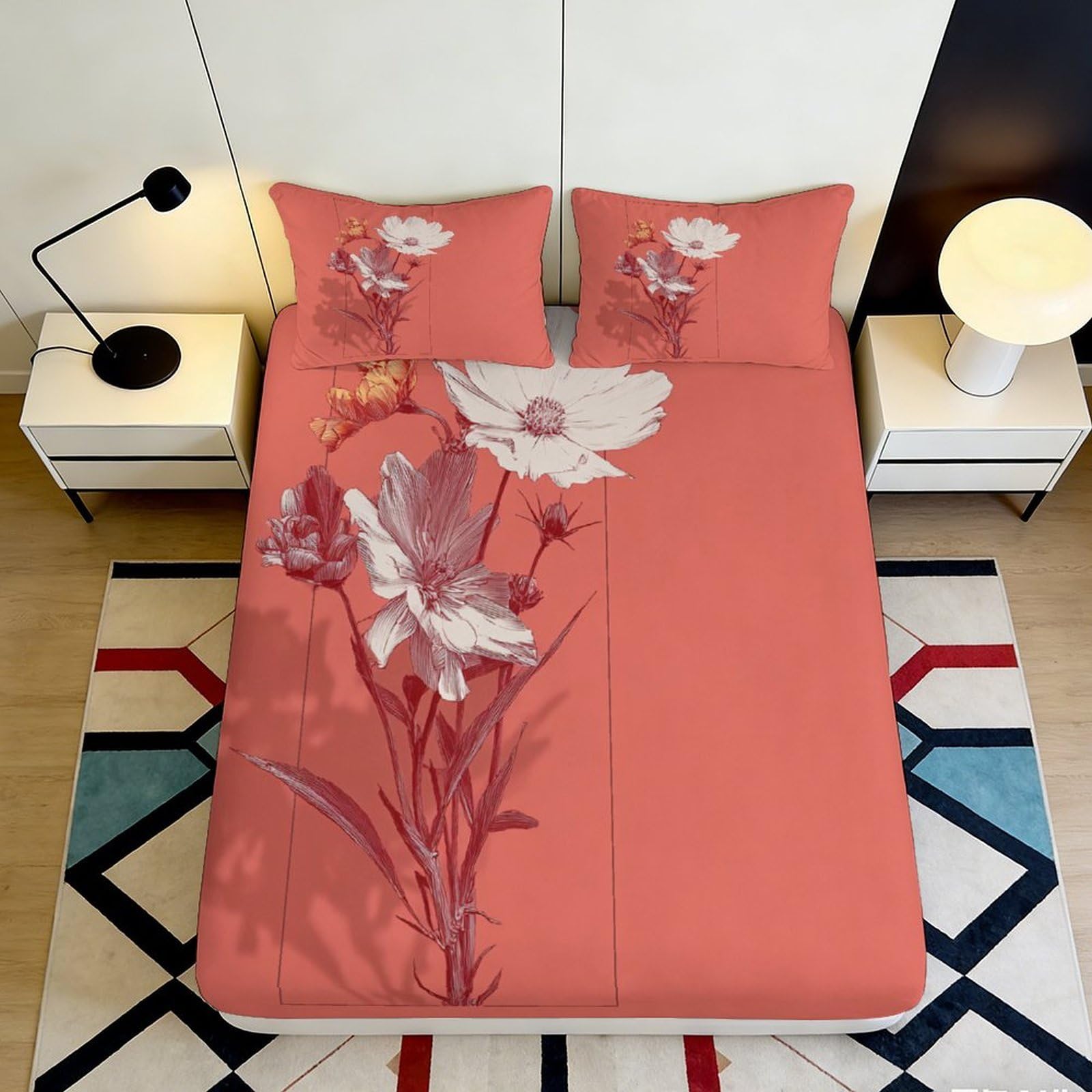 3D Printed Coral Floral Fitted Sheet Microfiber Soft Breathable Artistic Botanical Mattress Cover for Bedroom Dorm Mattress Protection Decor 180x200x25cm