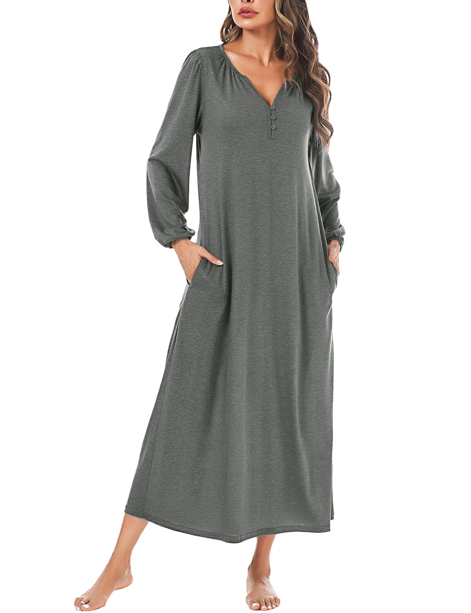Marvmys Womens Cotton Long Sleeve Nightgown Long Sleepshirts Full Length Henley Sleep Dress with Pockets