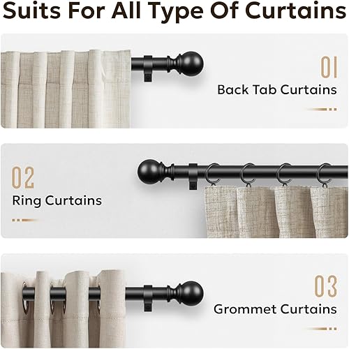 Miniatura 5 de Zeerobee Barras de cortina para ventanas de 120 a 240, barra de cortina negra ajustable de 1 pulgada de alta resistencia, poste de cortina moderno