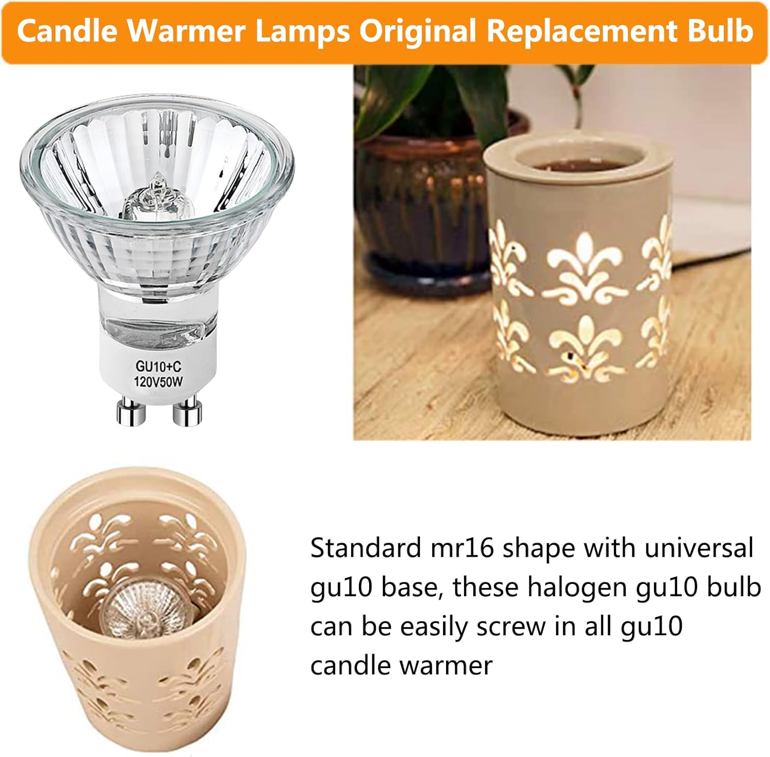 PaeorRorL Candle Warmer Bulb 50W GU10 Halogen Light Bulbs for Track Lighting and Range Hood,120V MR16 GU10+C Candle Warmer Lamp Bulb with Glass Cover,High CRI >90,Dimmable,2700K Warm White,6 Pack