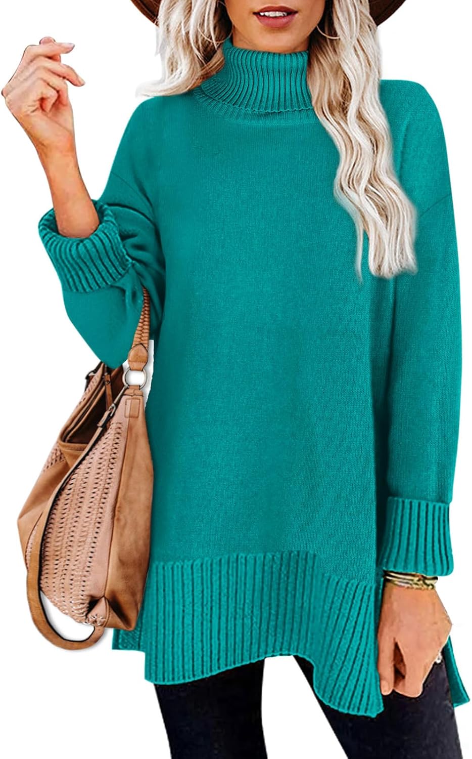Glanzition Sweaters for Women Turtleneck Side Split Oversized Pullover Tops