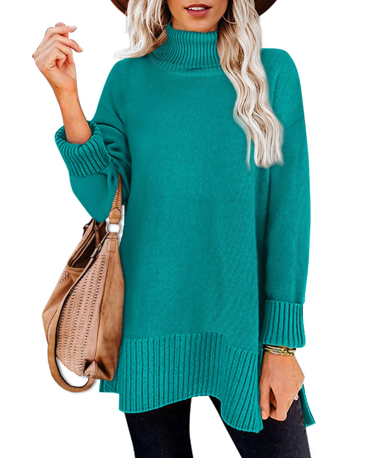 Glanzition Sweaters for Women Turtleneck Side Split Oversized Pullover Tops