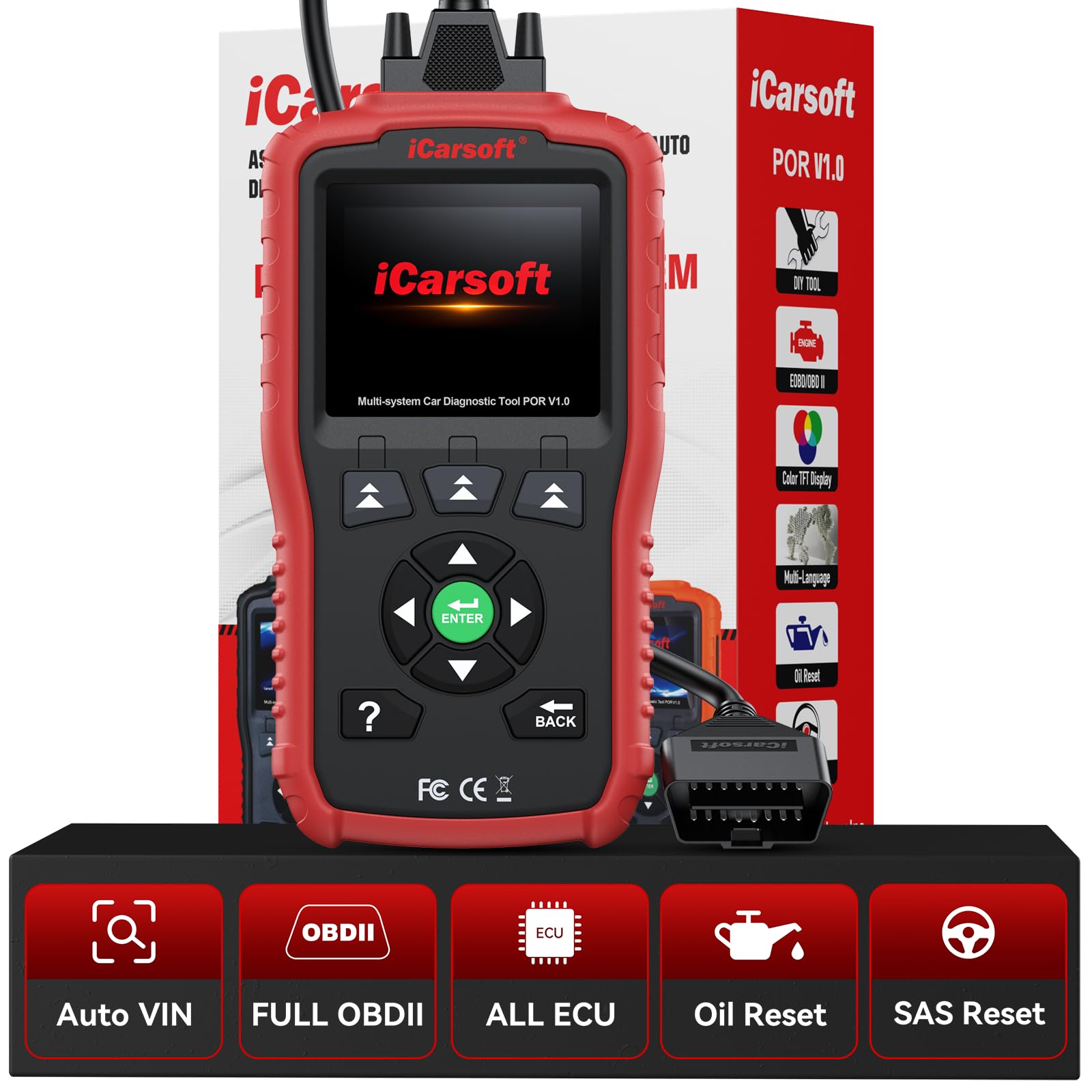 iCarsoft Scanner OBD2 POR V1.0 pour Porsche/Cayenne/Macan, outil de diagnostic de tous les systèmes avec réinitialisation huile/SAS, test de batterie, 10 modes OBD2/EOBD CAN lecteur de code de voiture