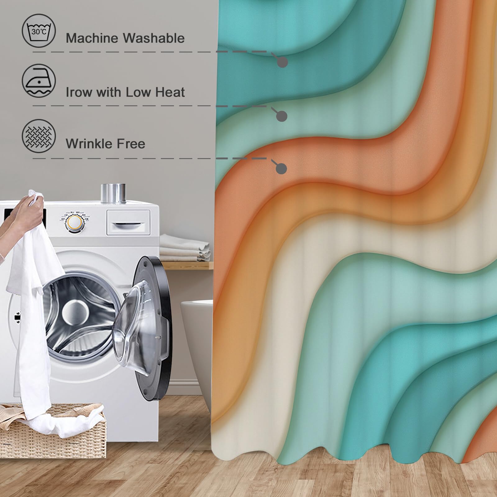 Rideau Douche, Rideau Baignoire Lavable en Machine Rideaux Douche Tissus Lavable Rideau De Baignoire Lavable pour Salle De Bain Domicile Baignoire Famille, Rayures Ondulées,