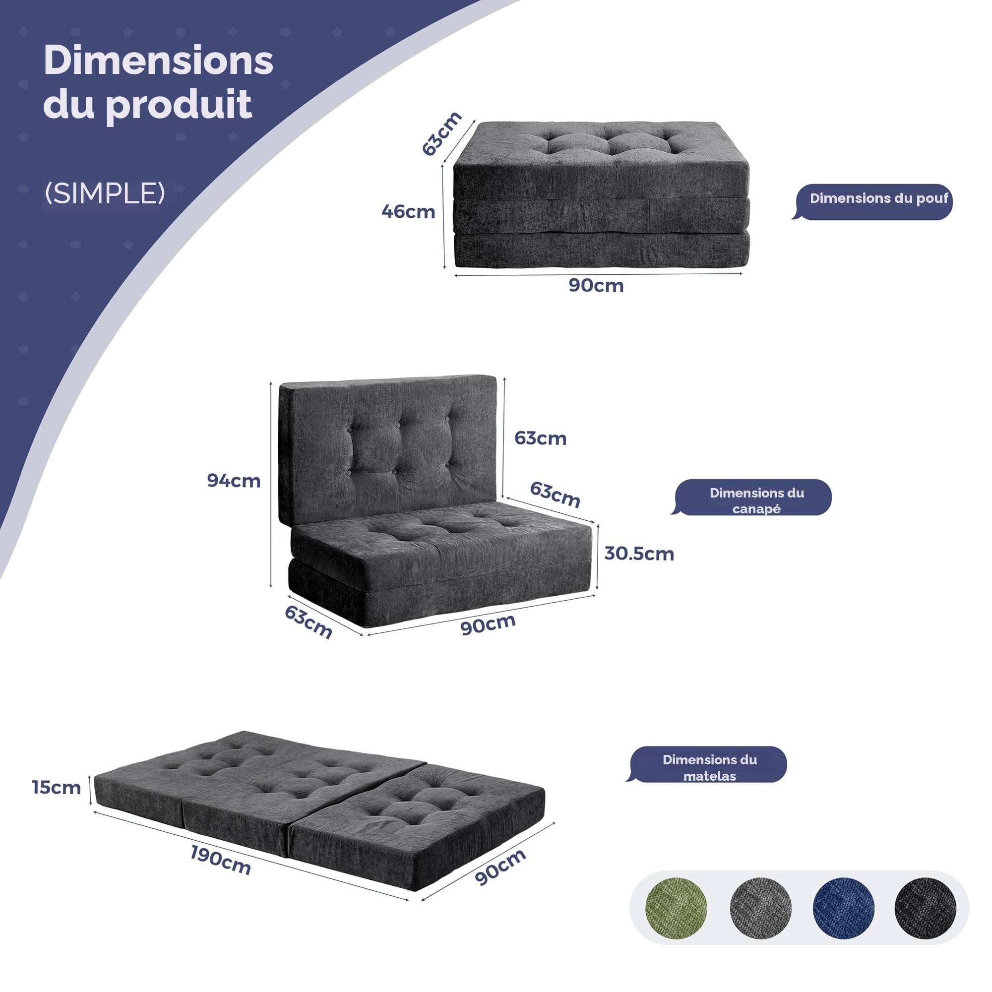 MAXYOYO Matelas Pliant 15 cm Célibataire, Confortable de avec Tissu Chenille, Canapé-Lit de Futon à Trois Fois pour Invité, Topper Sol pour Le Camping.