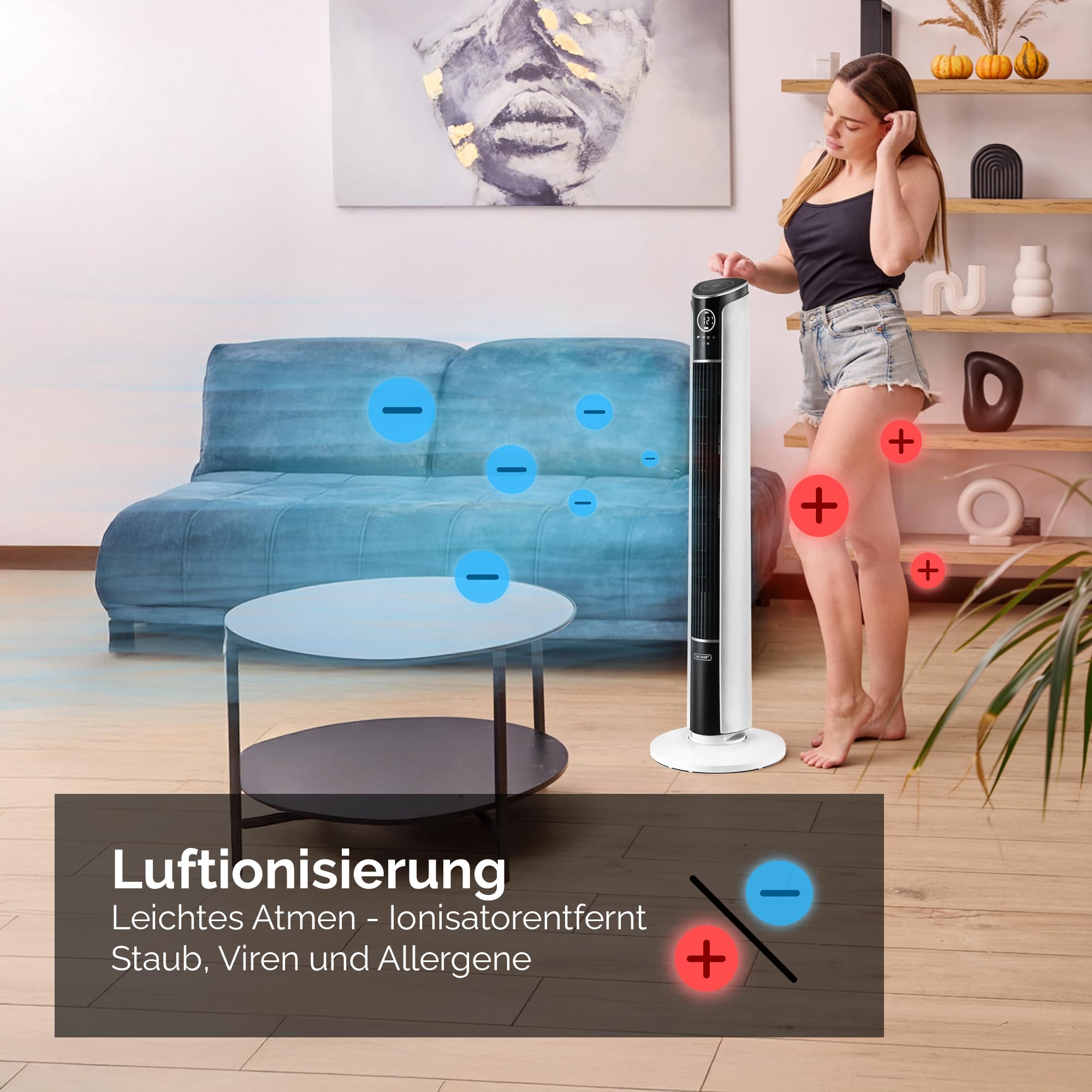 Yoer 29dB Leiser Turmventilator, Ionisator, 10 m Reichweite, Neigungswinkeleinstellung, 12 Geschwindigstufen, 4 Modi, 12 Std. Timer, 90° Oszillation, Fernbedienung, Verto TF01W, weiß