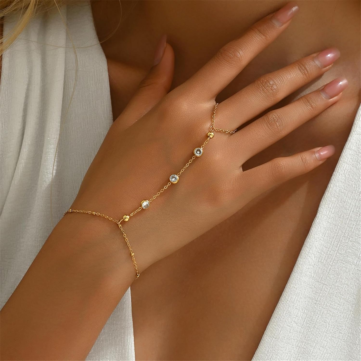 Hand Chain Bracelet for Women Dainty 18K Gold Plated Cubic Zirconia Rhinestone Chain Ring Bracelet Adjustable Trendy Jewelry - Image 2