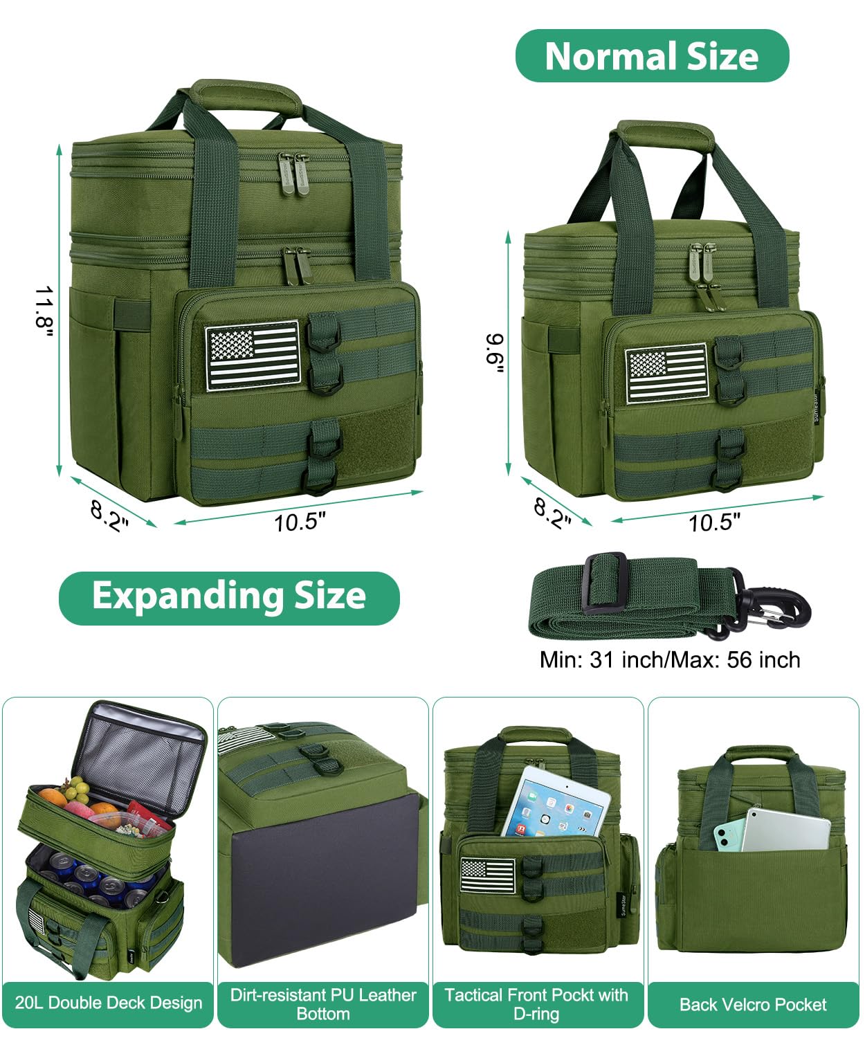 Lonchera táctica para hombres, bolsa de almuerzo grande aislada para adultos, resistente de doble cubierta expandible, con bandera estadounidense, a prueba de fugas, suave para el trabajo, oficina 7