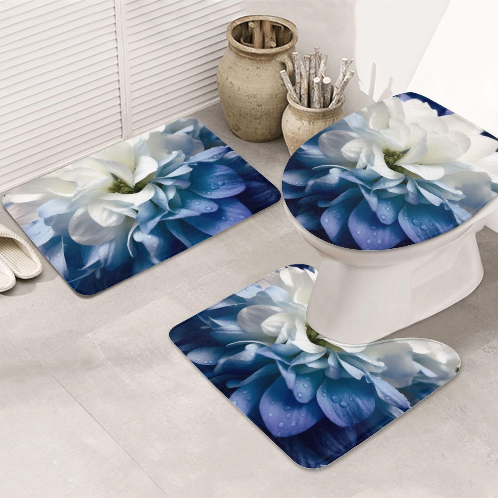 Tapis de bain antidérapant lot de 3 avec contour WC en flanelle absorbante bleu