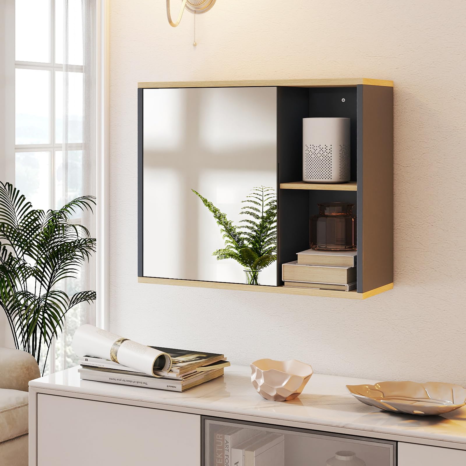 COSTWAY Armadietto Specchio Bagno, Specchiera Bagno da Parete con Porta Specchiata, Ripiano Regolabile e Scomparti Laterali Aperti, Specchio Contenitore Salvaspazio per Soggiorno 60 x 20 x 50 cm