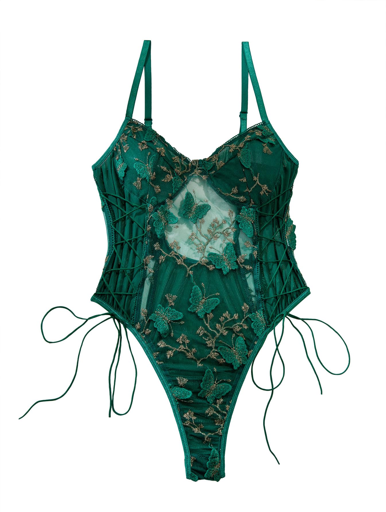 Lilosy Women Sexy Lace Up Floral Embroidered Teddy Lingerie Bodysuit Top Mesh Sheer One Piece: XX-Large Butterfly Army Green