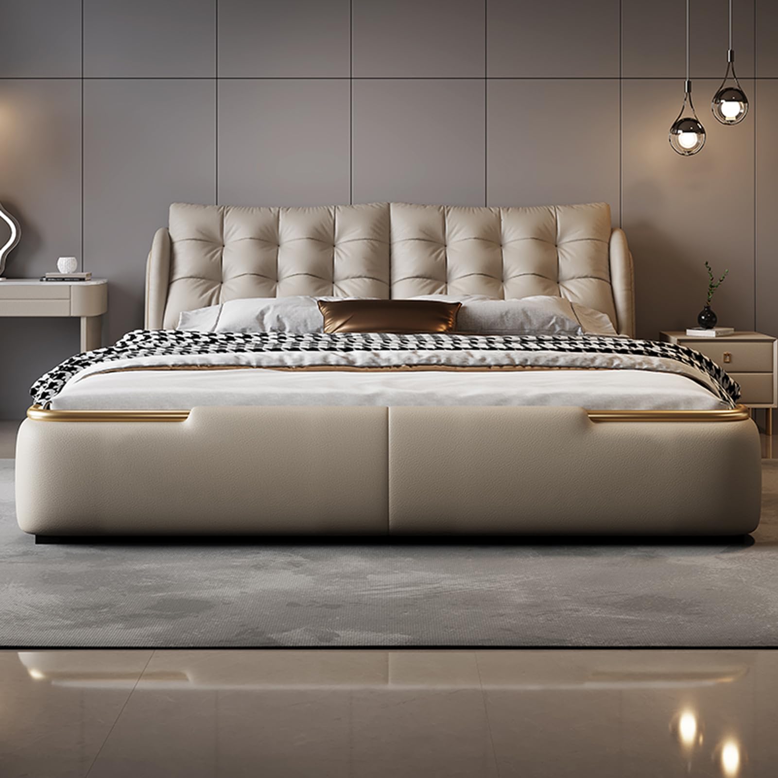 King Size Genuine Leather Wood Bed Upholstered Platform Bed Frame with Headboard and Lift Up Storage Wooden Slats