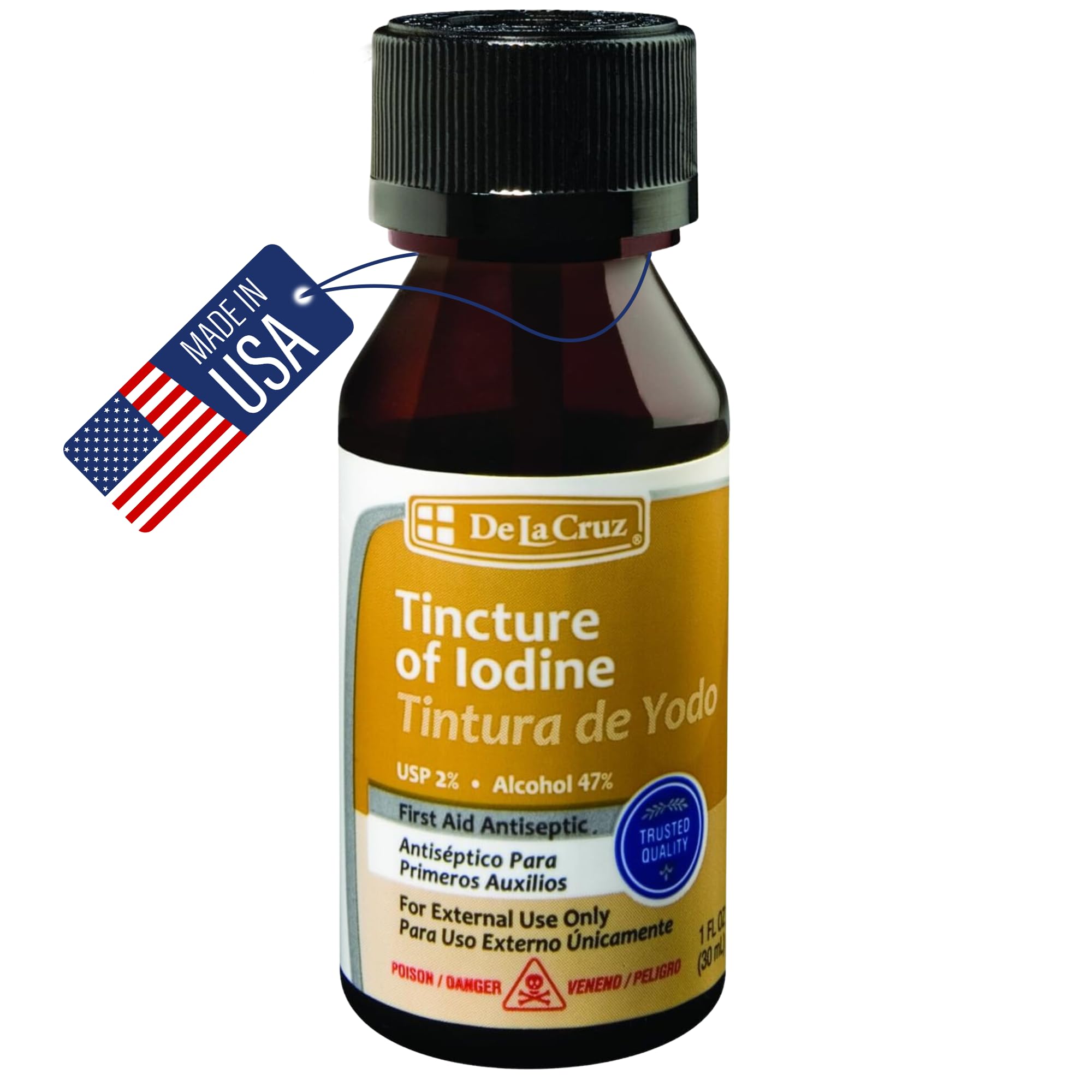 De La Cruz 2% Iodine First Aid Antiseptic, Made in USA 1 FL OZ (1 Bottle)