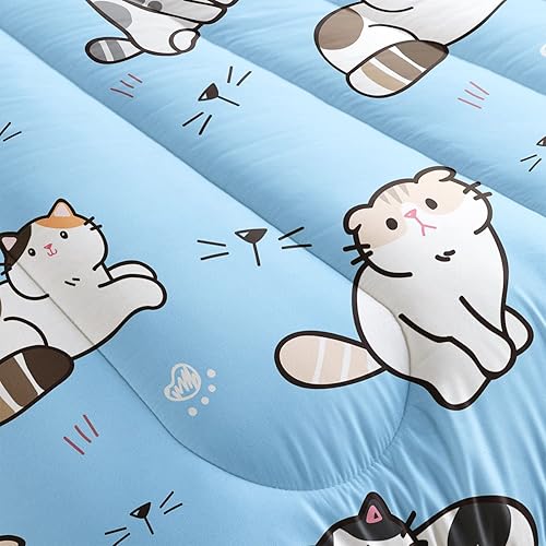 Miniatura 6 de Datura home - Juego de ropa de cama edredón de gato Kawaii azul para niñas, bonito estampado de gatitos, juego de ropa de cama con 1 edredón y 2