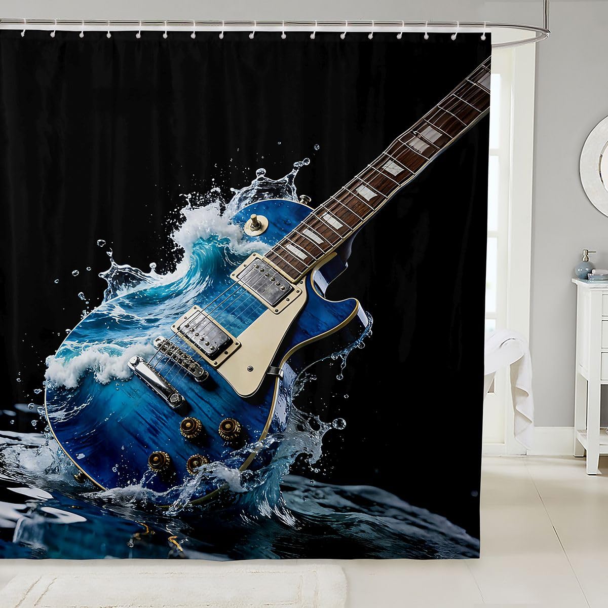 Homemissing Guitar In Blue And Waves Shower Curtain 180x210cm Rock Music Bath Curtain for Bathroom Decor Musical Bathroom Accessories Guitar Instruments — image 1