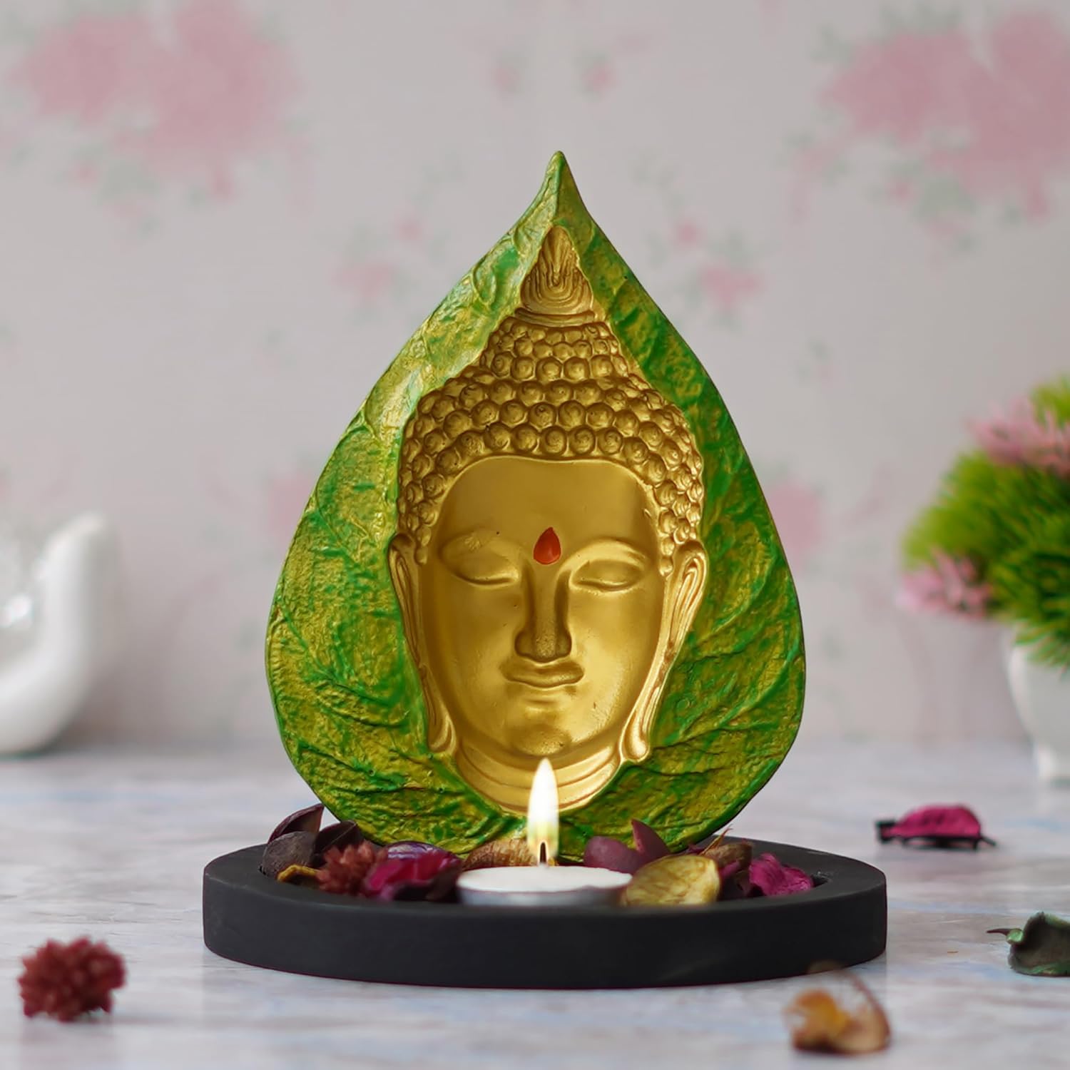 eCraftIndia Golden Green Resin Leaf Lord Buddha Statue Tea Light Candle Holder | Buddha Showpiece for Home Decor Living Room Office | Buddha Idol Gift for Diwali Buddha Purnima Housewarming Birthday eCraftIndia Golden Green Resin Leaf Lord Buddha Statue Tea Light Candle Holder | Buddha Showpiece for Home Decor Living Room Office | Buddha Idol Gift for Diwali Buddha Purnima Housewarming Birthday