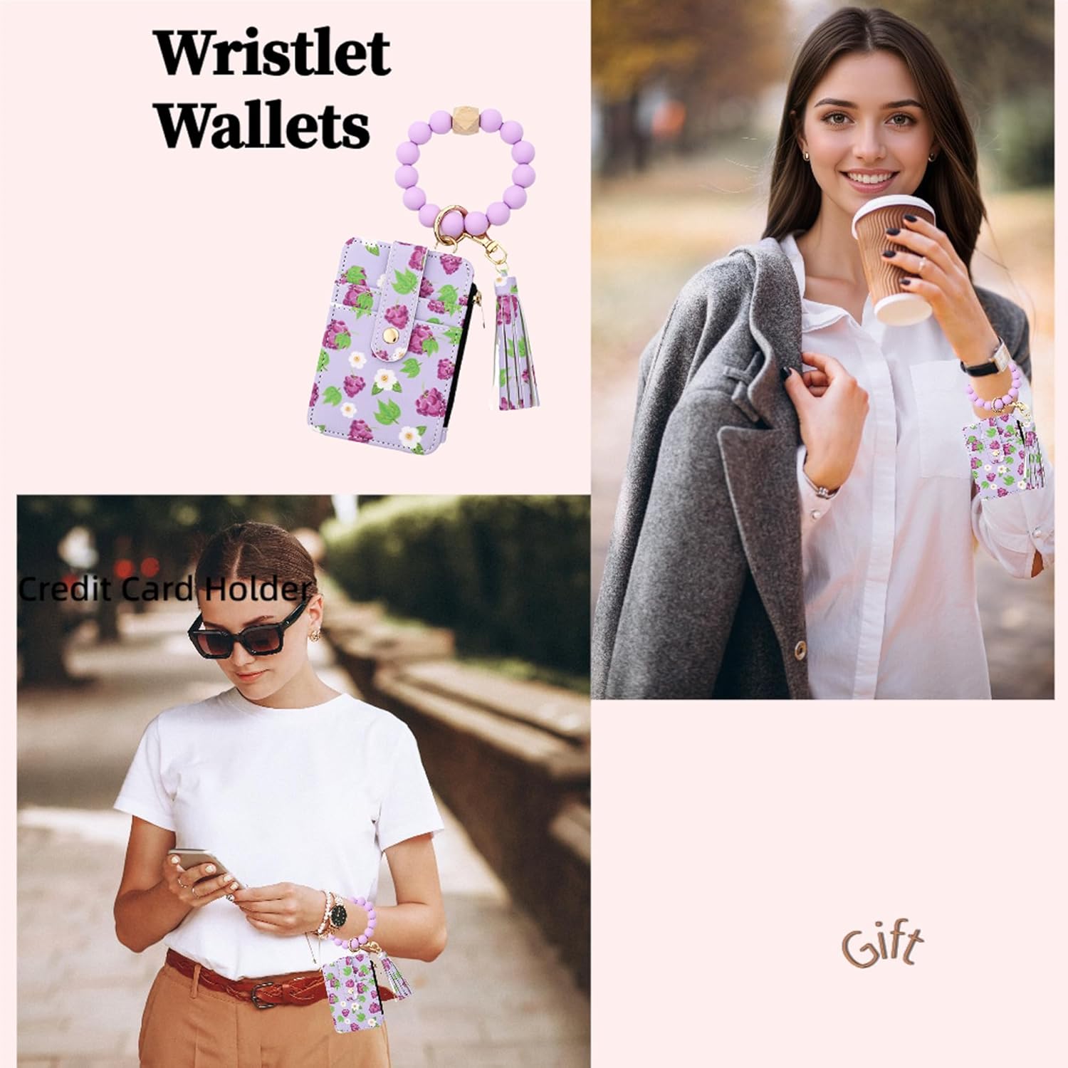 Flower Keychain Wristlet Wallets for Women Cute Silicone Beaded Credit Card Holder Key Ring Bracelet Wallet (Grape) - Image 5