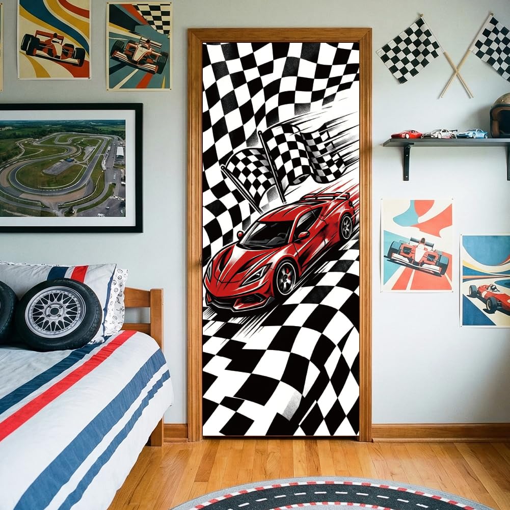 arricraft 2 Pcs 3D PVC Door Decorative Stickers, Red Racing Car Checkered Flag Art Self-Adhesive Waterproof Wall Decal for Room and Garage Decoration 15.74x78.74 Inches