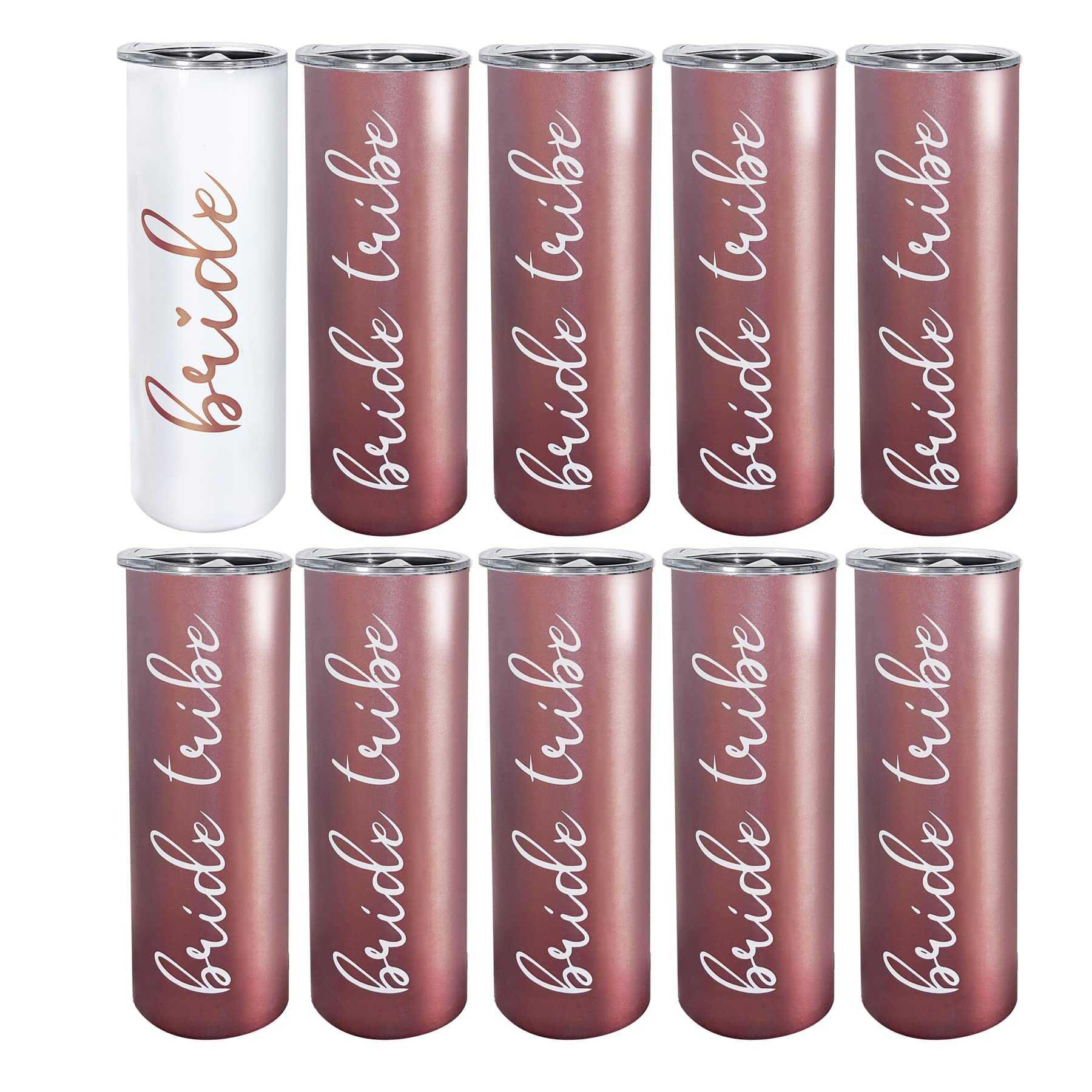 NewShun Bride Bridesmaid Tumbler Set of 10 20oz Bride Tribe Stainless Steel Wine Tumblers Wedding Engagement Gifts Bachelorette Cups Insulated Bridesmaid Mugs - Rose Gold