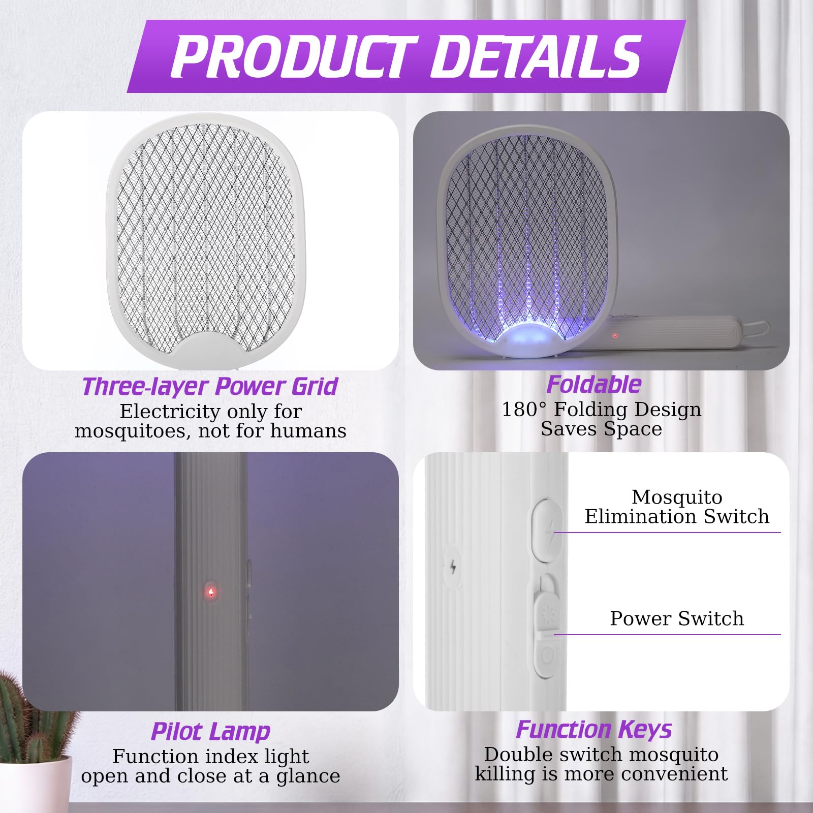 4 raquetas matamoscas eléctricas 2 en 1, raqueta matamoscas eléctrica recargable por USB, plegable, matamosquitos eléctrica con malla de seguridad de 3 capas y batería recargable de 1200 mAh