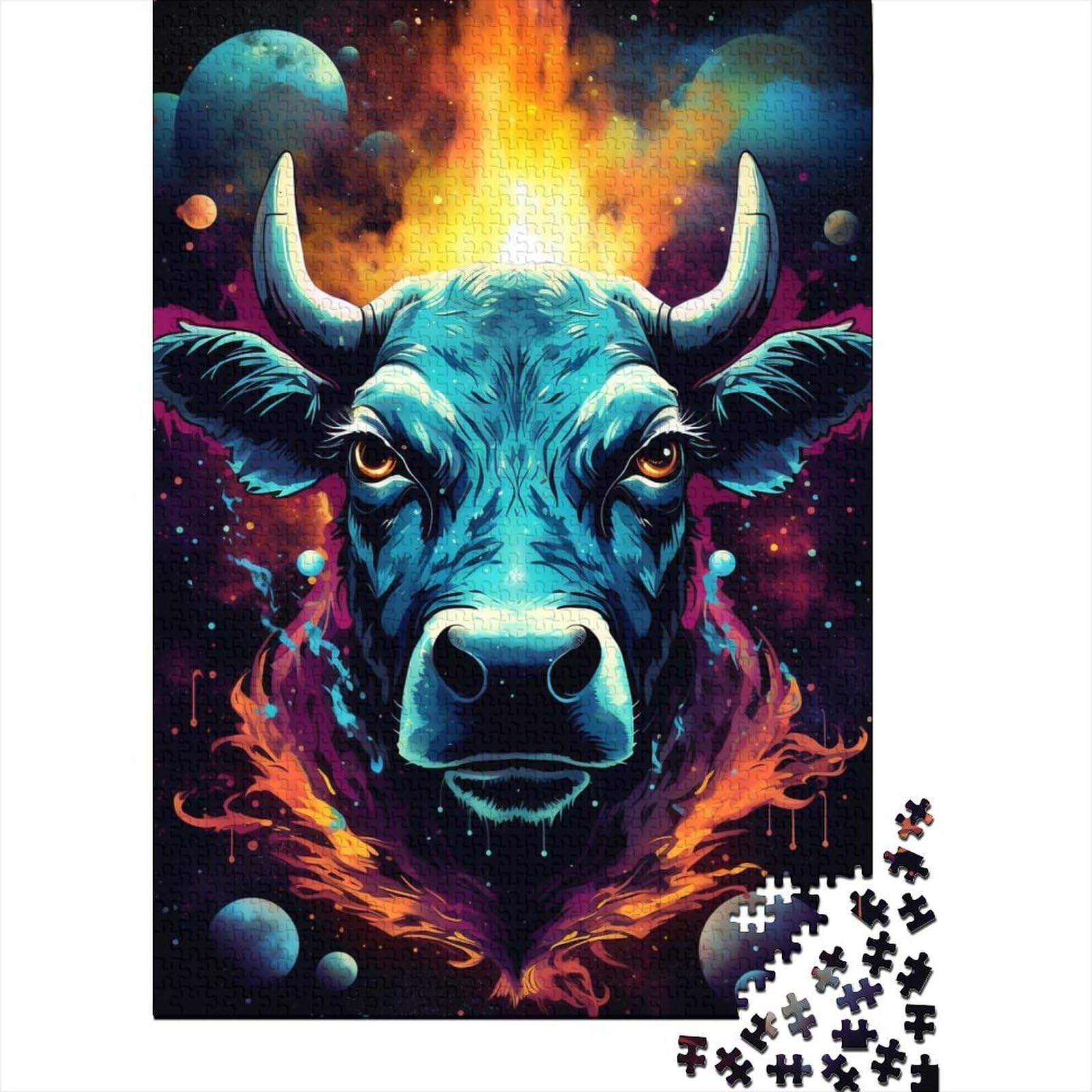 Space Fire Bull 1000 Piece Jigsaw Puzzle Paper Adult Jigsaw Puzzle for Adults Cosmic Fantasy Scene Home Decoration Stress Relief Focus 38x26cm/1000pcs