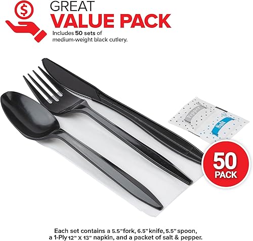 Miniatura 8 de Juego de cubiertos de plástico envueltos individualmente con servilleta + paquetes de sal y pimienta en negro (250 unidades) bolsas de cubiertos