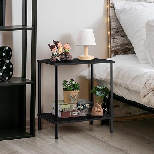 Miniatura 5 de ETELI Mesa auxiliar pequeña negra estrecha con estante de almacenamiento, moderna mesita de noche cuadrada de madera para sala de estar, dormitorio,