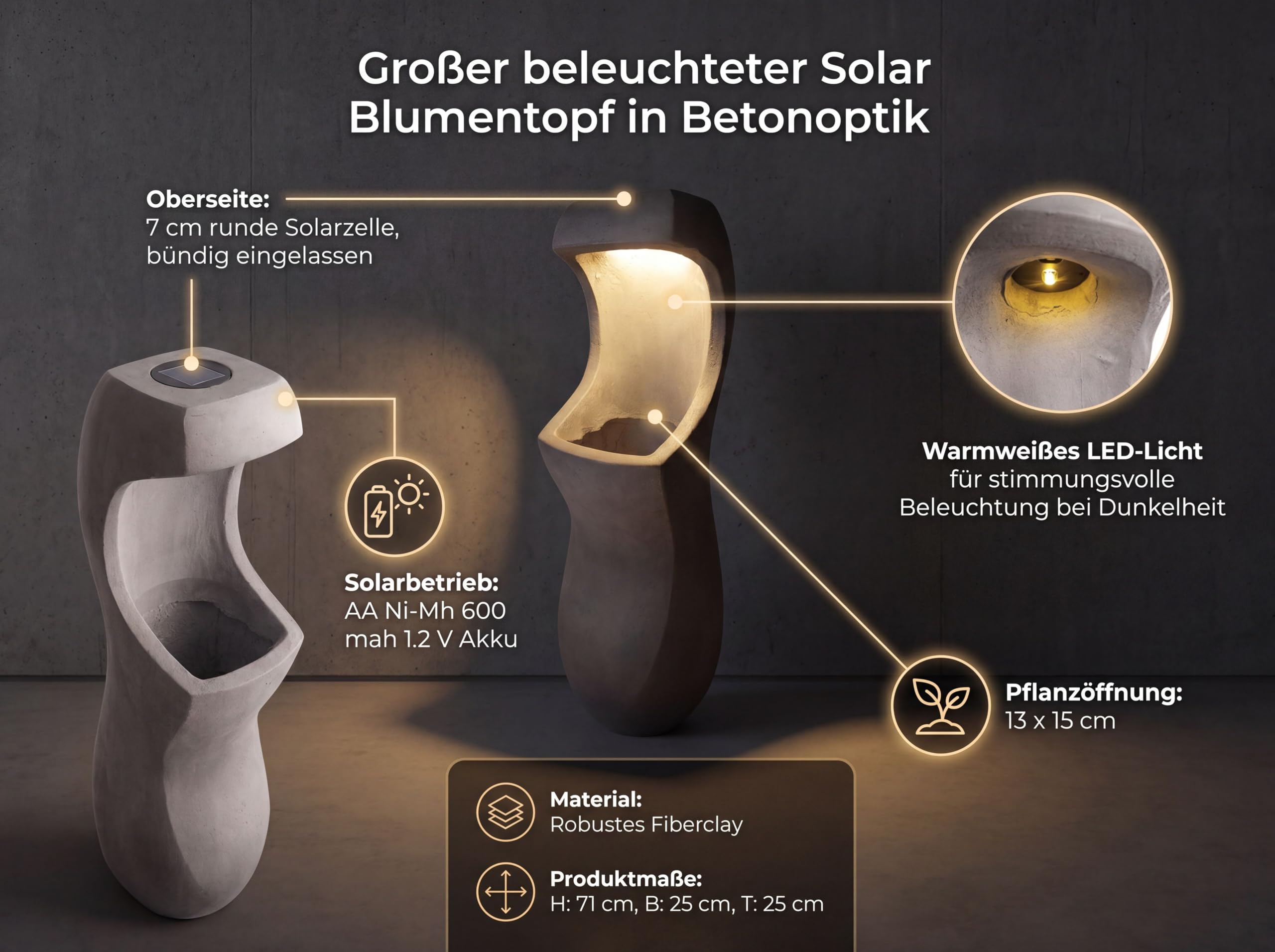 Vaso di design con illuminazione a LED solare Win 33 – 71 cm, effetto cemento, grande vaso per giardino e terrazza, resistente alle intemperie, illuminato