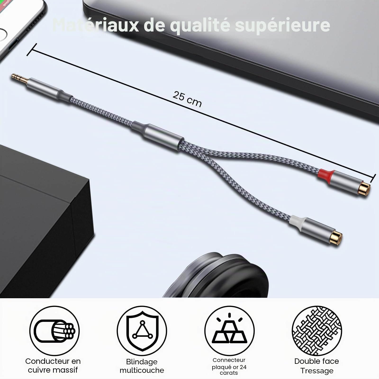 Câble audio RCA vers prise jack stéréo 3,5 mm, connecteur 3,5 mm vers 2 x prises RCA, compatible avec smartphones, lecteurs MP3, tablettes, haut-parleurs, systèmes de cinéma maison, appareils