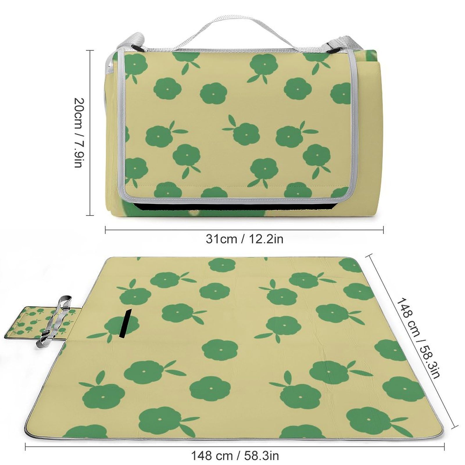 3D Impression Fleurs-Green-Repeat-Yellow-Small Couverture Pique Nique Tapis Pique Nique Nappe Picnic Couverture De Pique-Nique pour Le Voyage, Le Camping, Les Vacances, Etc 148x148cm