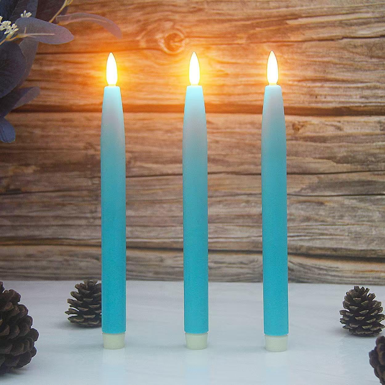 Flameless Taper Candles Battery Operated with Timer and Remote, LED Real Wax Tapered Dinner Candle, Window Candle Set of 3. Centerpieces for Dining, Table, Christmas, Wedding (Blue)