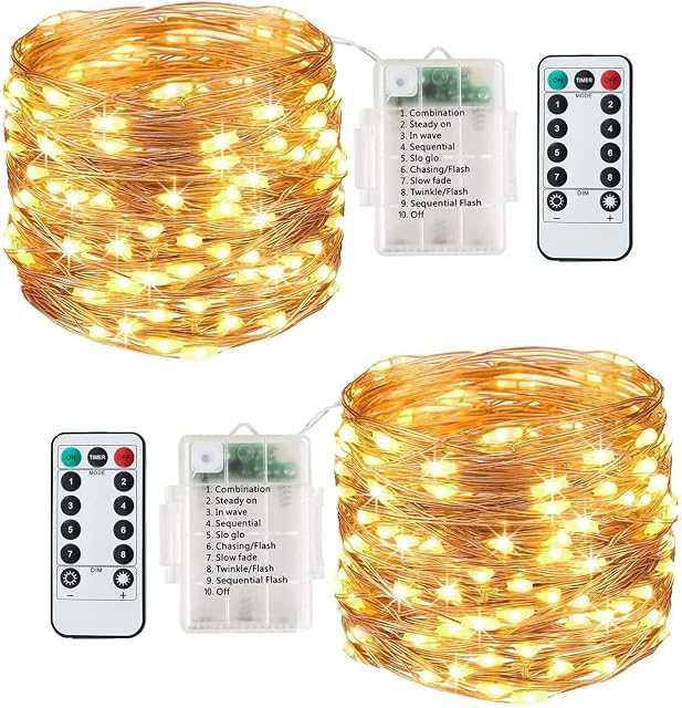 Lezonic [2 Pack] Fairy Lights Battery, 120LEDs 13M 8 Modes String Lights Battery Operated, Fairy Lights Indoor/Outdoor with Remote Timer for Bedroom, Party, Wedding, Christmas Decorations(Warm White)