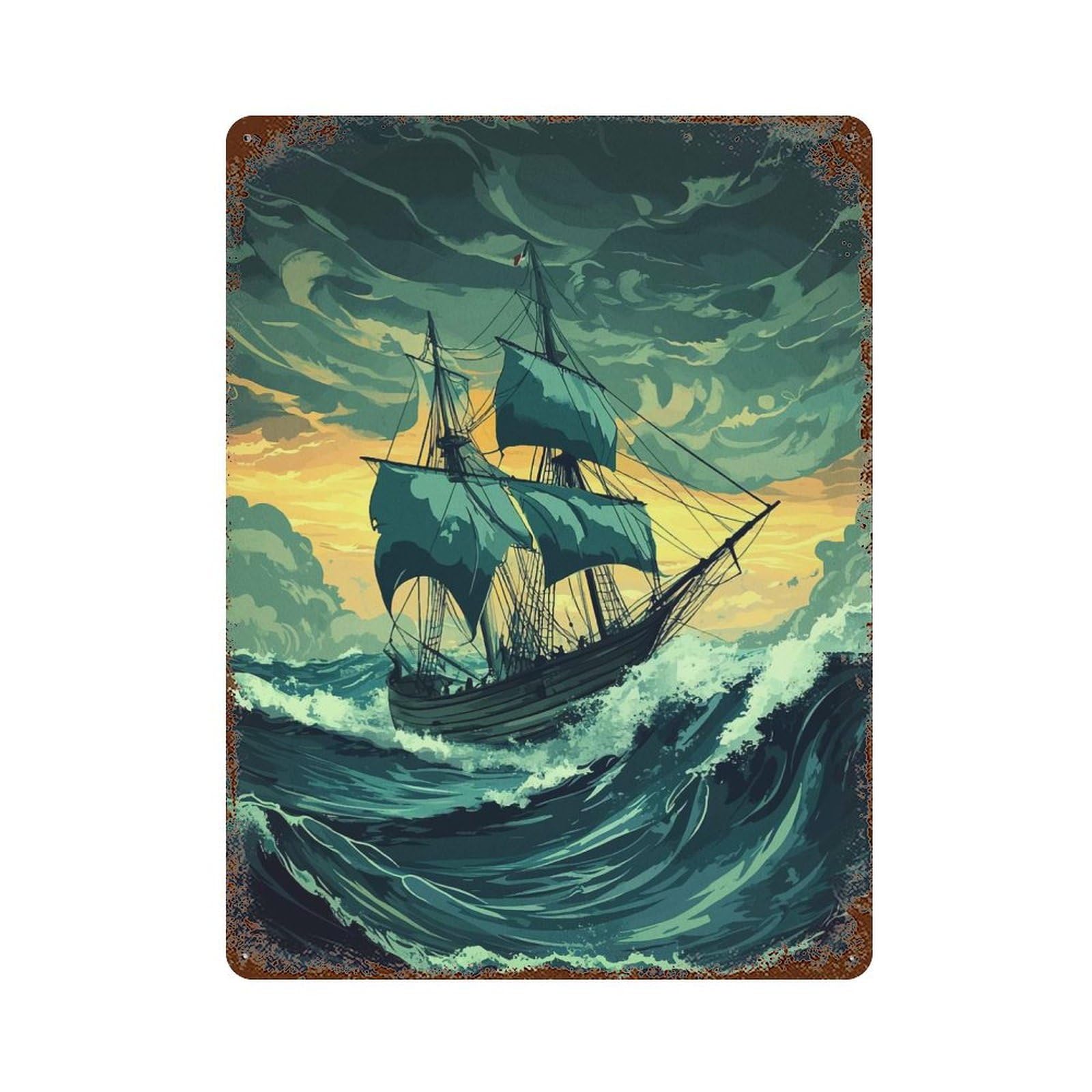 Sailing Through Storm Rust Effect Tin Sign 15.7"x11.8", for Bistro, Counter And Cafe Decor, Shabby Chic Decor