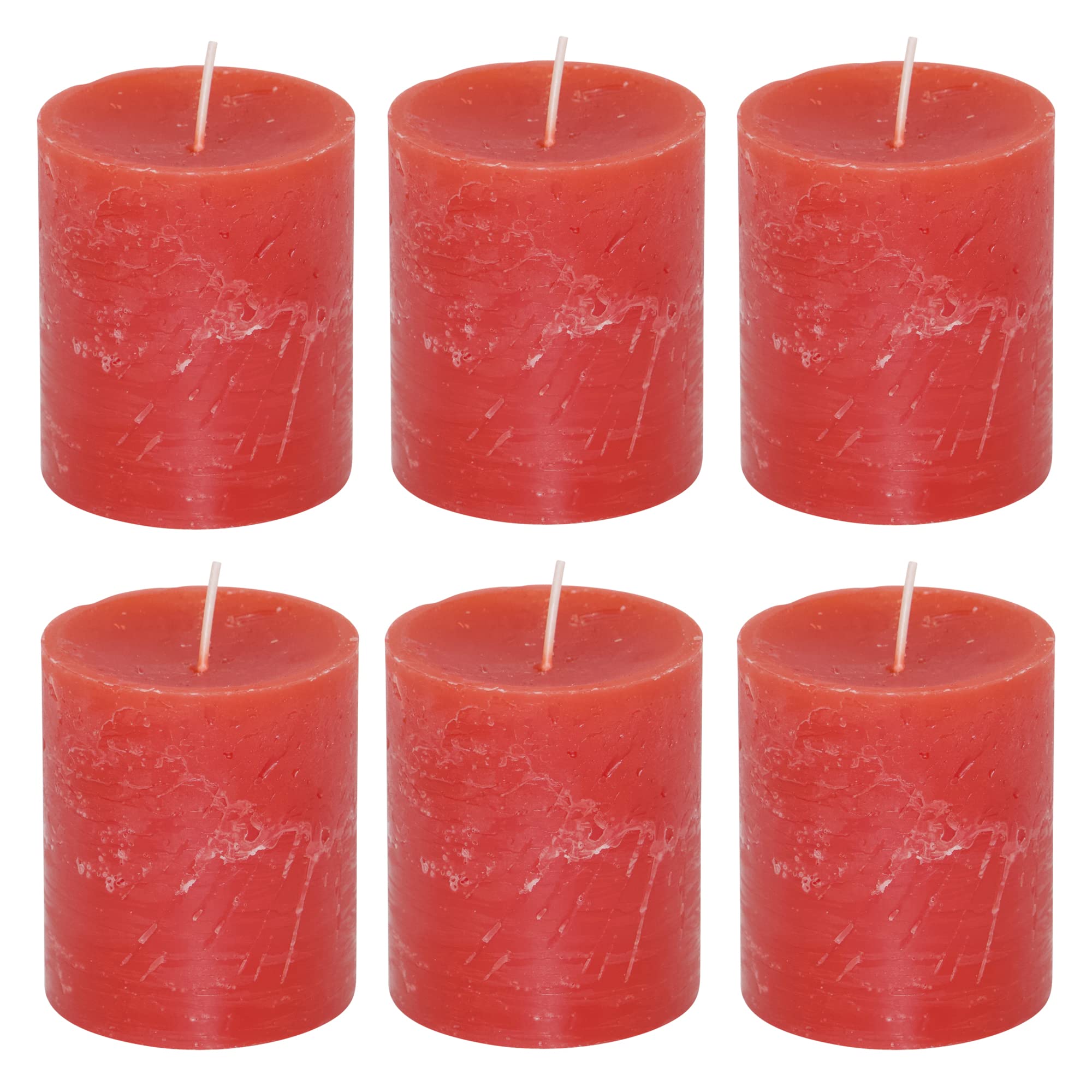 Stumpenkerzen Rustic 6er Set - Stumpenkerze, Blockkerze, Kerze, Adventskranz, Advent - Kein Ruß - Brenndauer: 30 Std. - viele Farben - 7x8 cm (Rot)