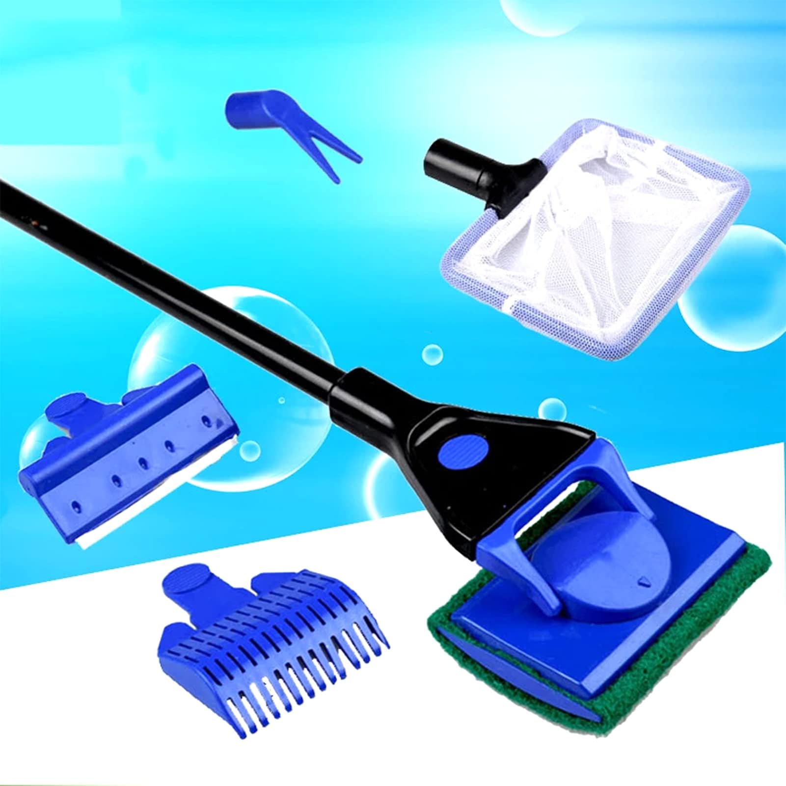TAME 5 in 1 Aquarium Cleaning Tools Fish Tank Cleaning Kit Aquarium Tank Clean Set Fish Net Gravel Rake Algae Scraper Fork Sponge Brush Glass Cleaner Tools