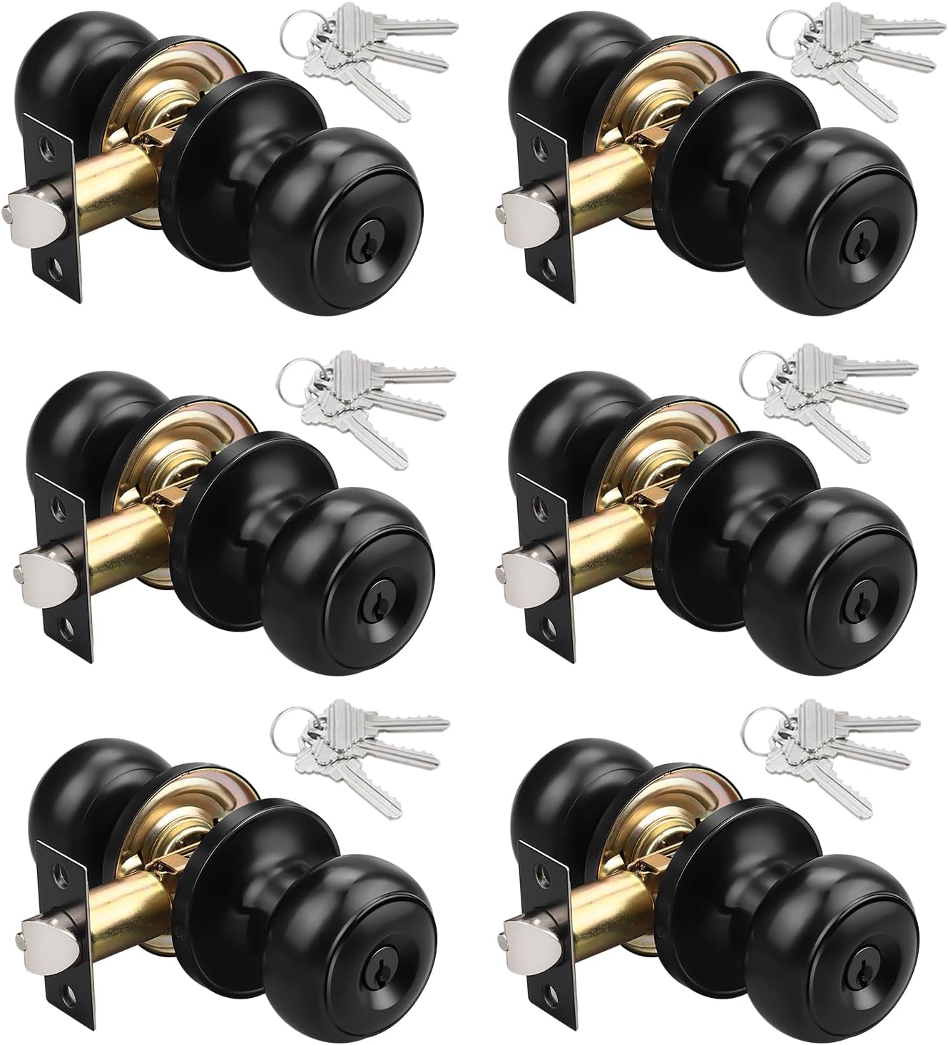 6 Pack Keyed Entry Door Lock(Keyed Alike), Round Style Knob, Matte Black Finish