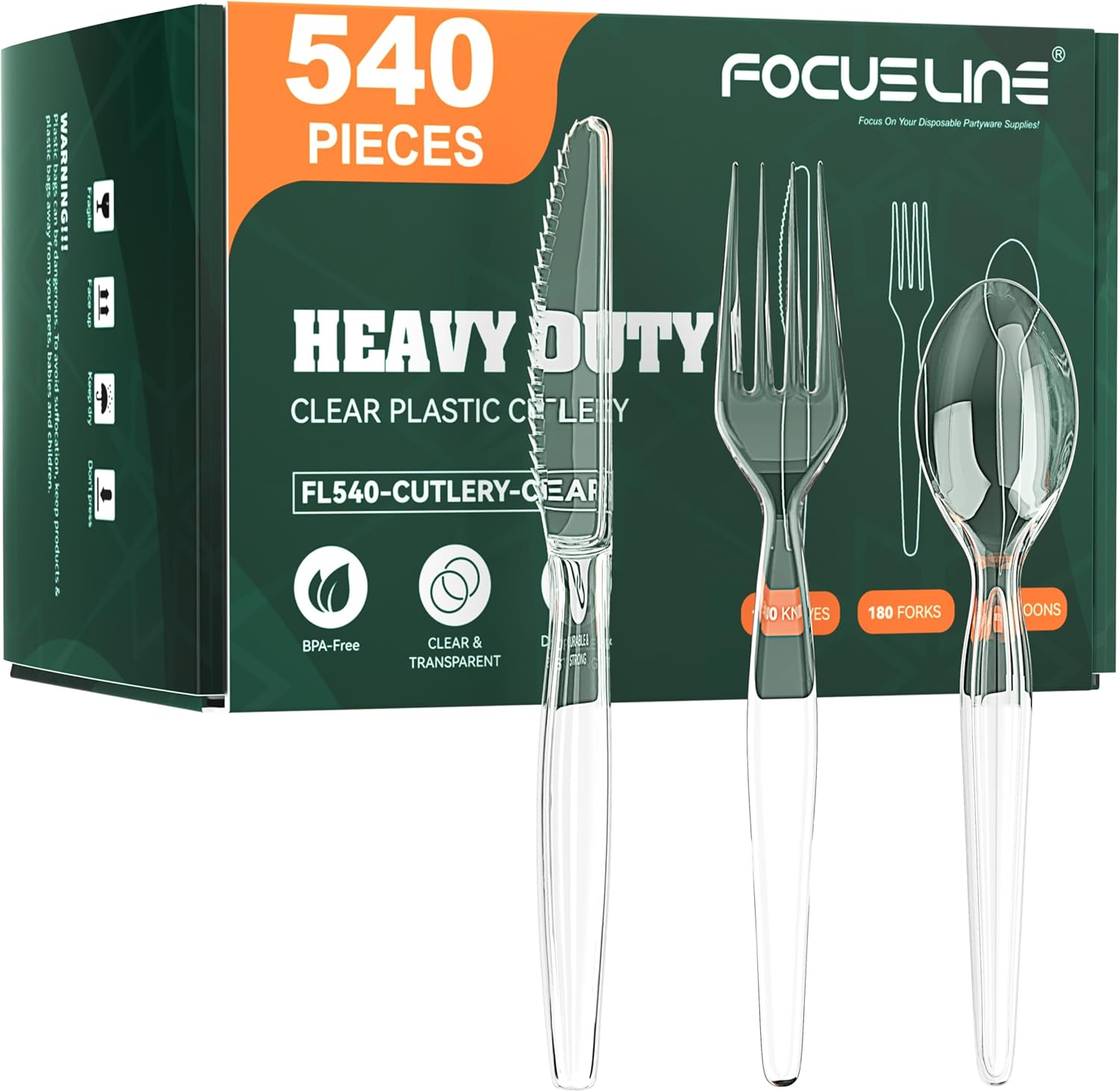 FOCUSLINE 540 Count Heavy Duty Clear Plastic Silverware - 180 Forks, Knives, Spoons Each, BPA-Free Disposable Cutlery for Parties & Everyday Use
