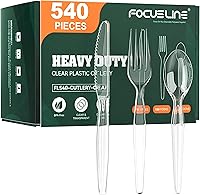 FOCUSLINE 540 Count Heavy Duty Clear Plastic Silverware - 180 Forks, Knives, Spoons Each, BPA-Free Disposable Cutlery for Parties & Everyday Use