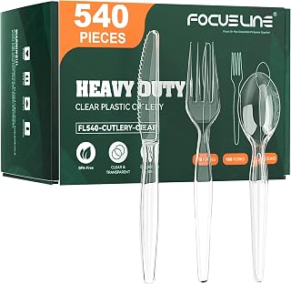 FOCUSLINE 540 Count Heavy Duty Clear Plastic Silverware - 180 Forks, Knives, Spoons Each, BPA-Free Disposable Cutlery for Parties & Everyday Use