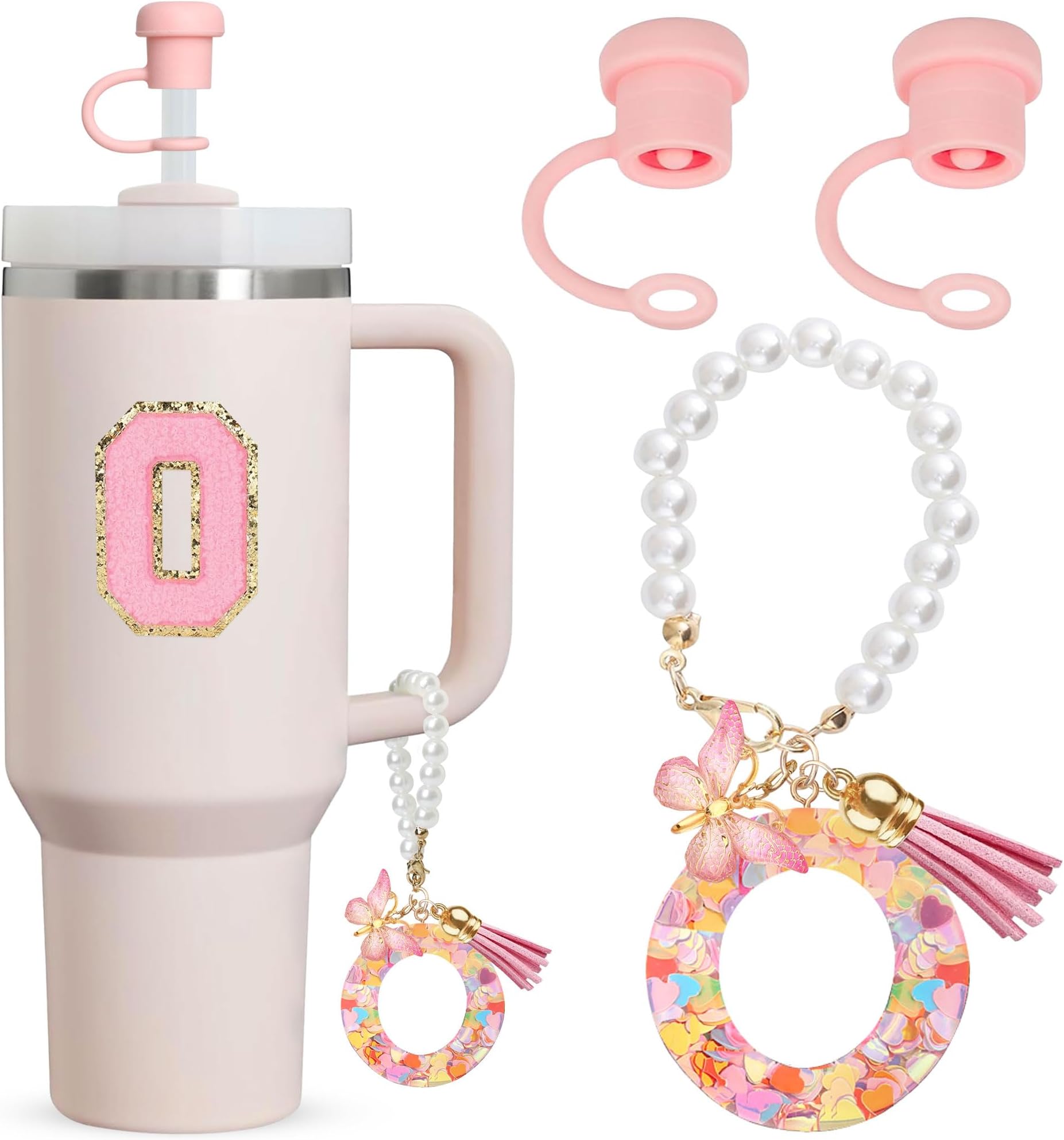 Letter Cup Accessories,4pcs Includs 2pcs Dustproof Straw Topper,1pc Letter Charm Accessories for Cup and 1pc Personalized Name ID A-Z Pearl Hangings Letter Stickers(O)
