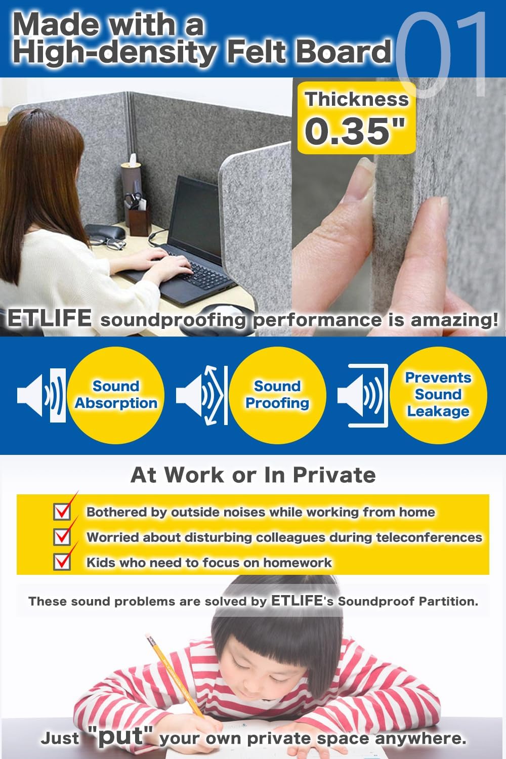 Desk Partition Desk Privacy Panel Desk Divider, Reduce Noise and Visual Distractions, Sound Absorbing Proof for Home Office Classroom Remote Learning Sound Dampening (Width: 40")