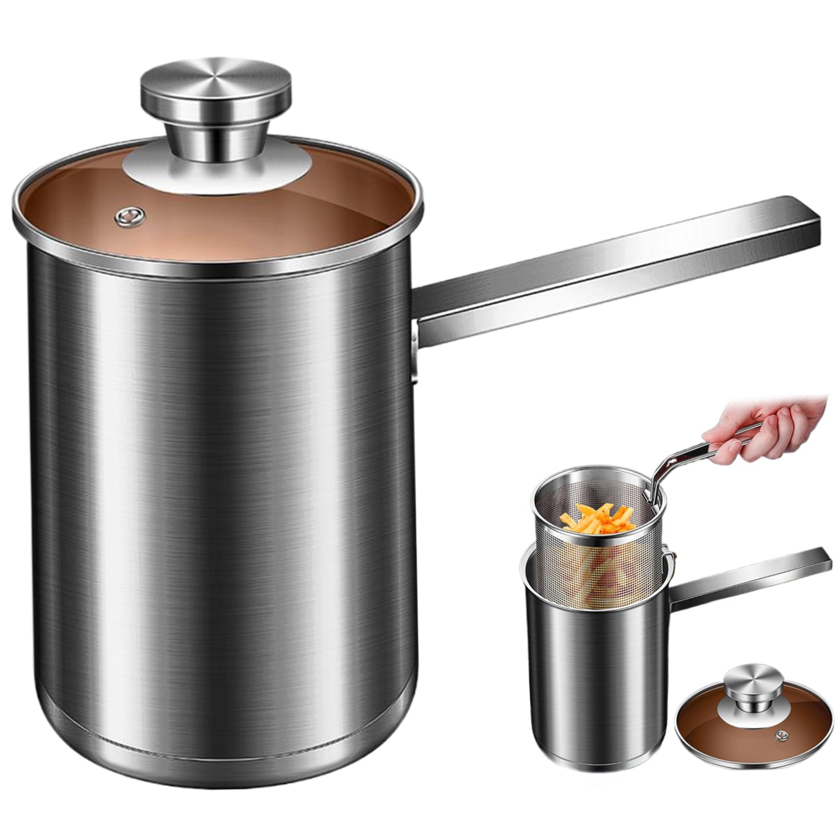 Pot de friture japonais en acier inoxydable 2L avec couvercle en verre et égouttoir
