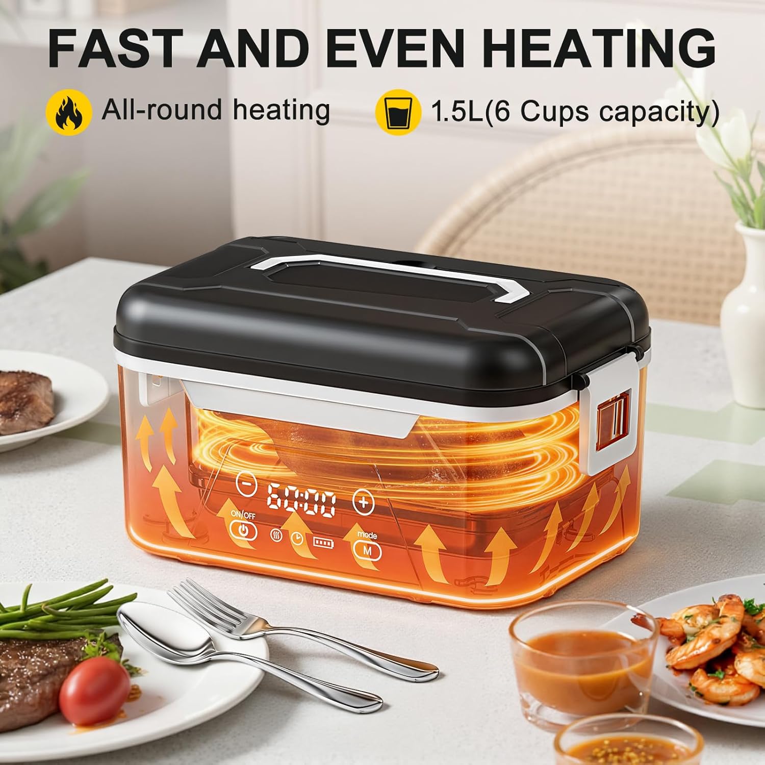 Cordless Heated Lunch Box For Adults, 1.5L (6 Cups) Rechargeable Electric Lunch Box Battery Powered With Scheduled Heating, Automatic Heating,Portable Food Warmer With Insulated Bag (Black)