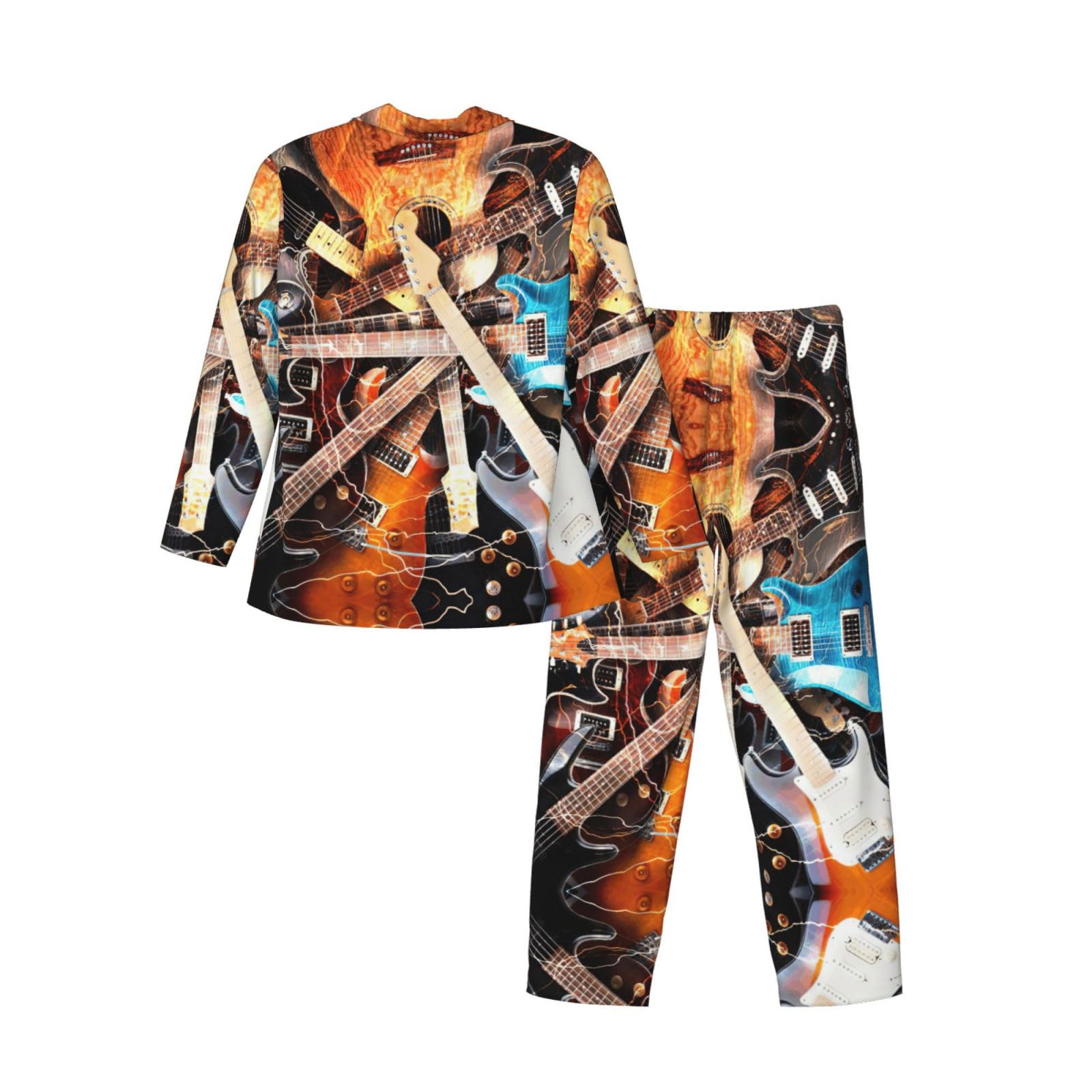 Conjunto de pijama para hombre con estampado de guitarra musical, pijama suave de manga larga con botones y bolsillos