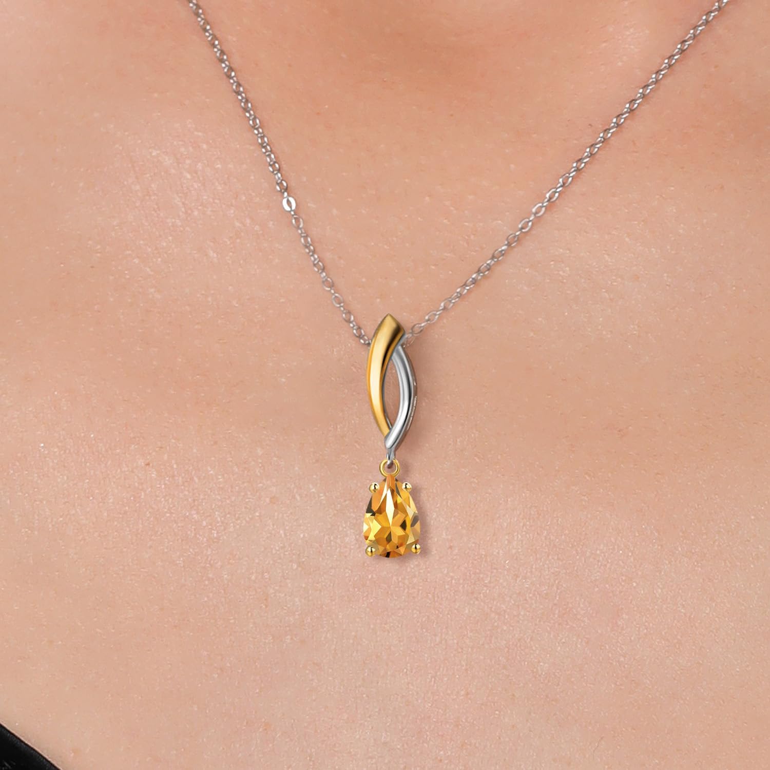Gem Stone King 925 Silver and 10K Yellow Gold Yellow Citrine Pendant Necklace for Women | 0.84 Cttw | Gemstone November Birthstone | Pear Shape 7X5MM | With 18 Inch Silver Chain - Image 3