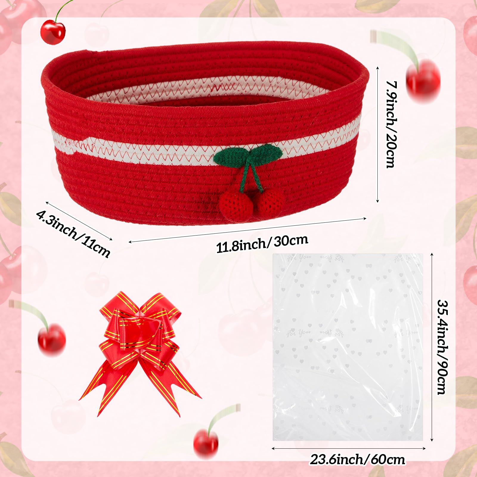 Honeydak 2 Pcs Cherry Basket with Handles Red Small Woven Gift Basket with Gift Bag and Ribbon Cute Cotton Rope Oval Toy Storage Organizer for Pet Food Closet Shelf Living Room Decor, 12